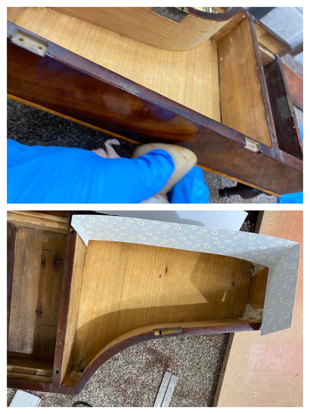 French polishing and lining antique piano workbox